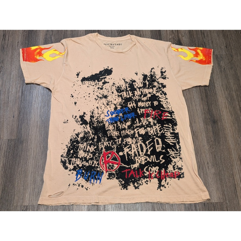 Rockstar Graphic T-Shirt Flame Sleeves Distressed Details XL‎